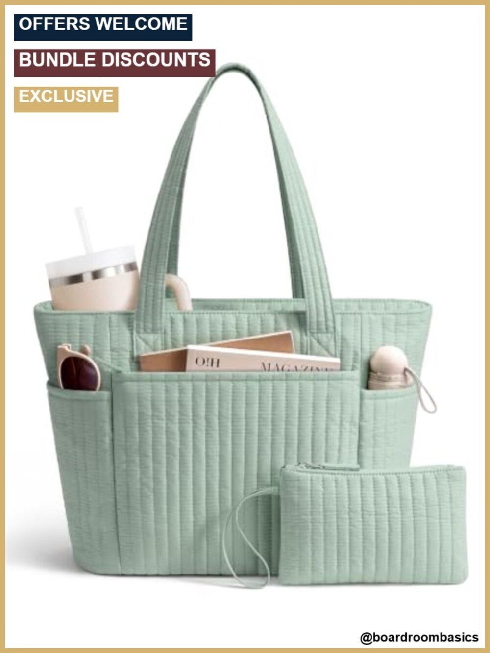 Quilted Cotton Tote Bag with 40oz Cup Holder, 14" Laptop Sleeve, 10 Pockets,